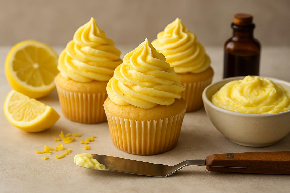 Cupcakes piped with vanilla lemon orange buttercream