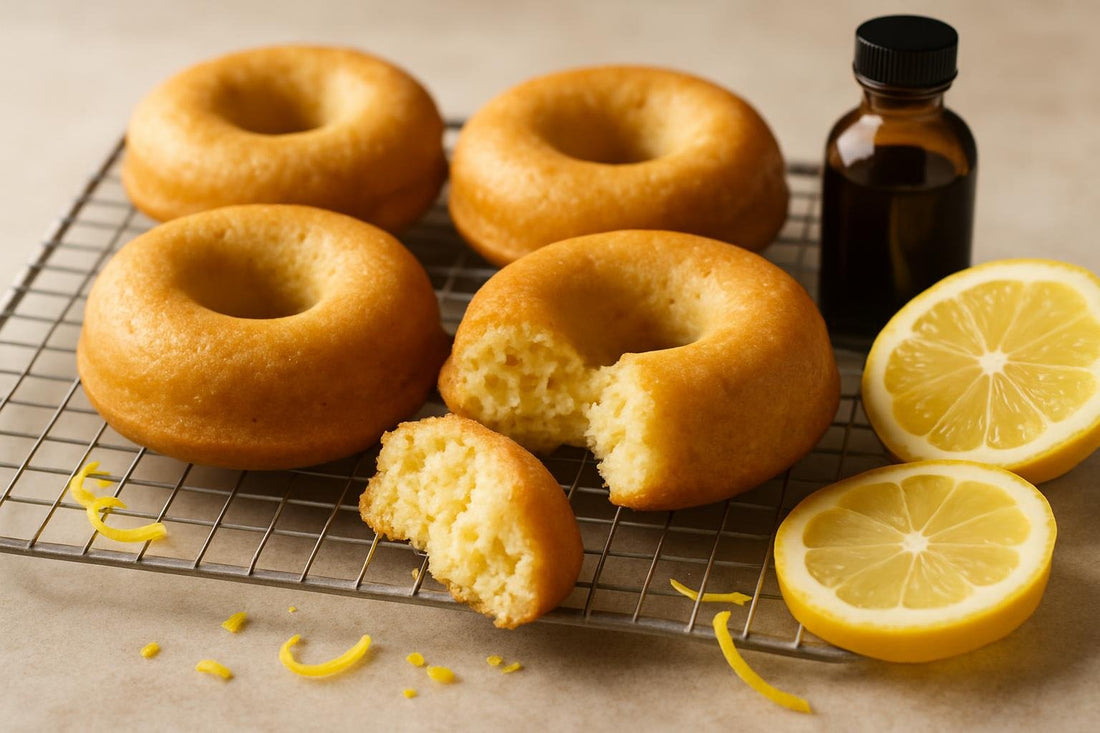 Vanilla Lemon Orange Cake Doughnuts on a cooling rack
