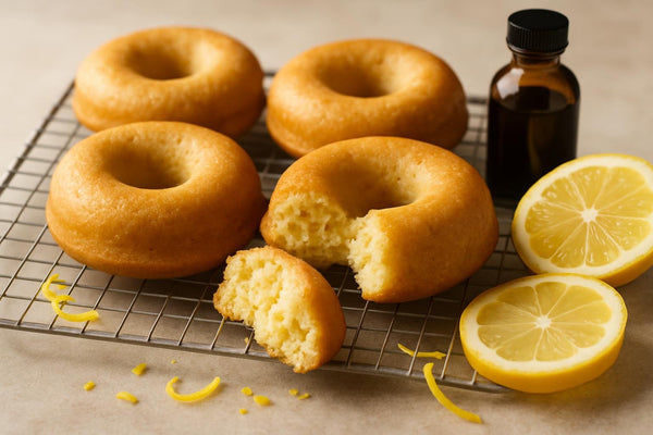 Vanilla Lemon Orange Cake Doughnuts on a cooling rack