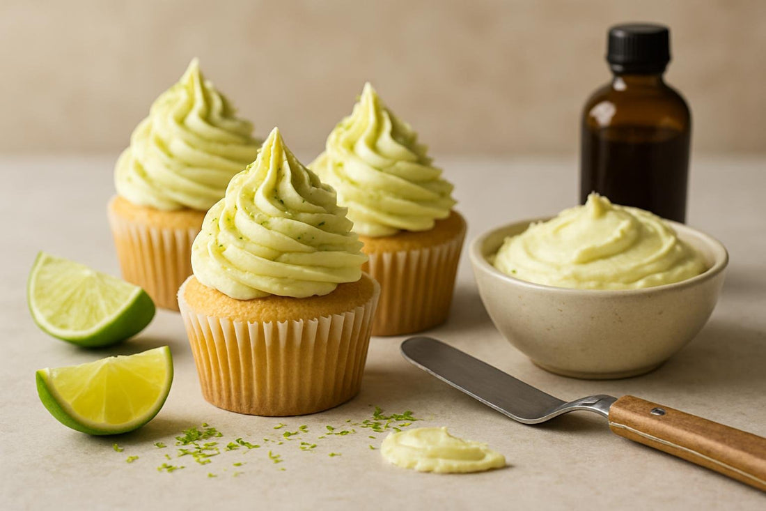 Cupcakes piped with vanilla lime buttercream