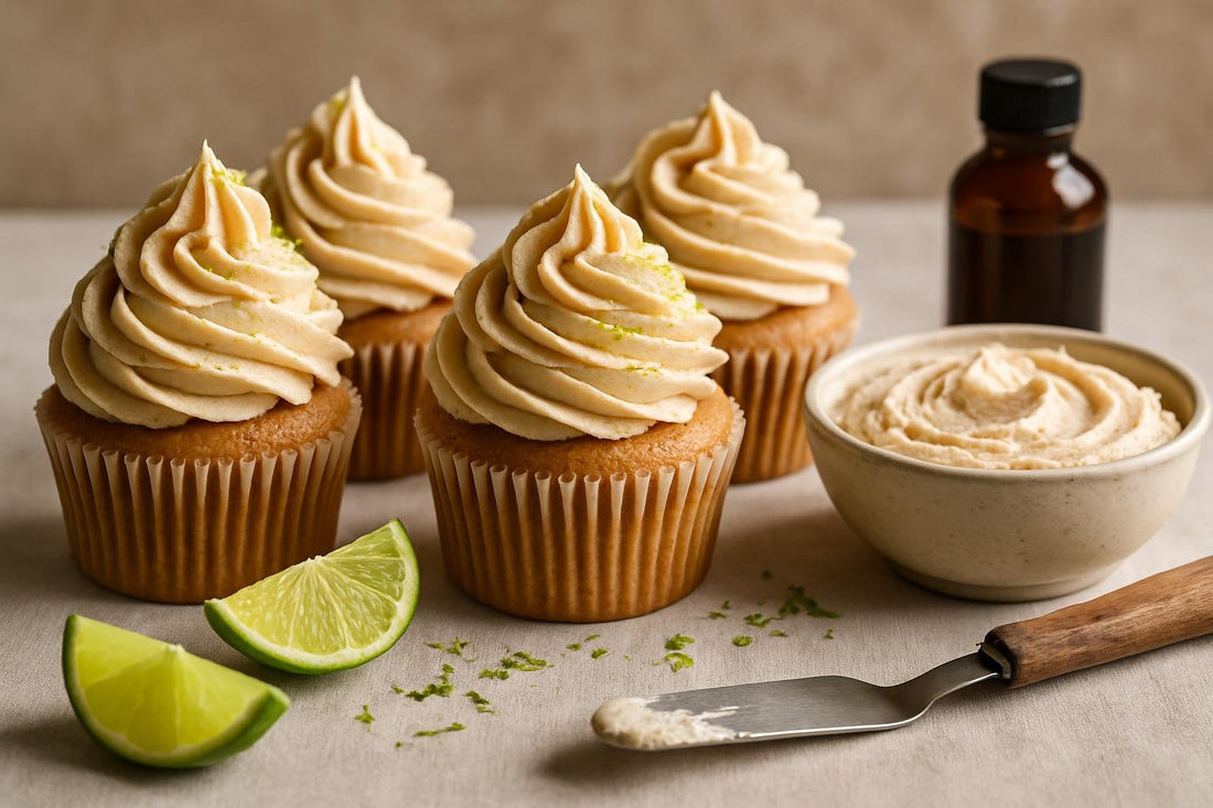 Cupcakes piped with vanilla lime cinnamon buttercream