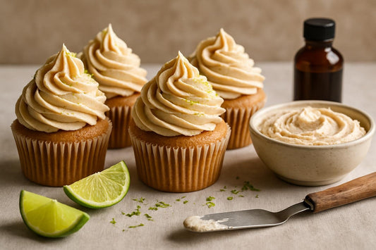 Cupcakes piped with vanilla lime cinnamon buttercream