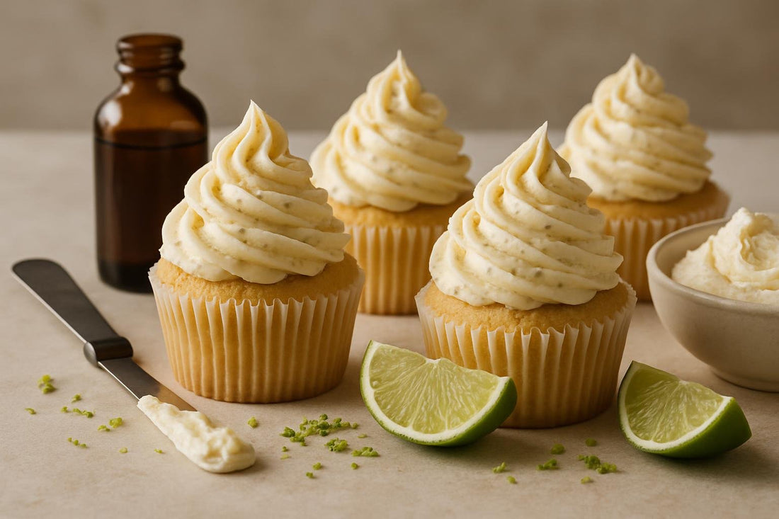 Cupcakes piped with vanilla lime ginger buttercream