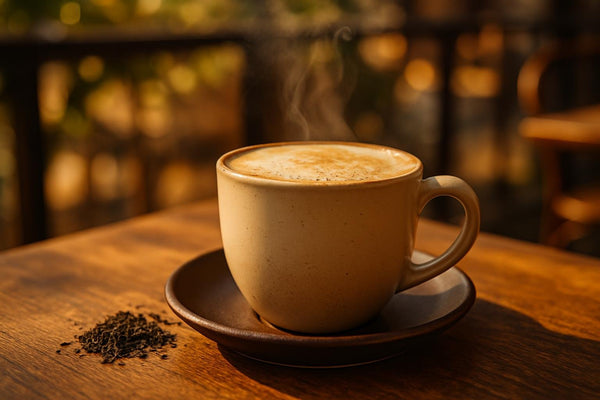 Vanilla London Fog in a ceramic mug on an oak patio table