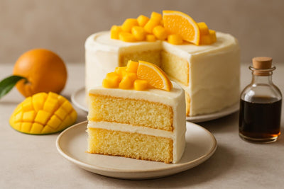 Slice of vanilla mango orange cake
