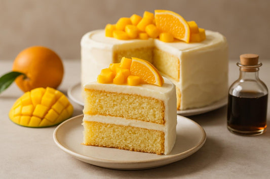 Slice of vanilla mango orange cake