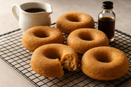 Vanilla Maple Brown Sugar Cake Doughnuts on a cooling rack
