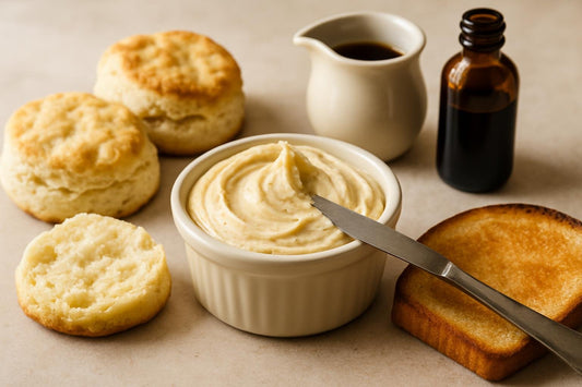 Vanilla Maple Butter Spread in a crock with warm biscuits