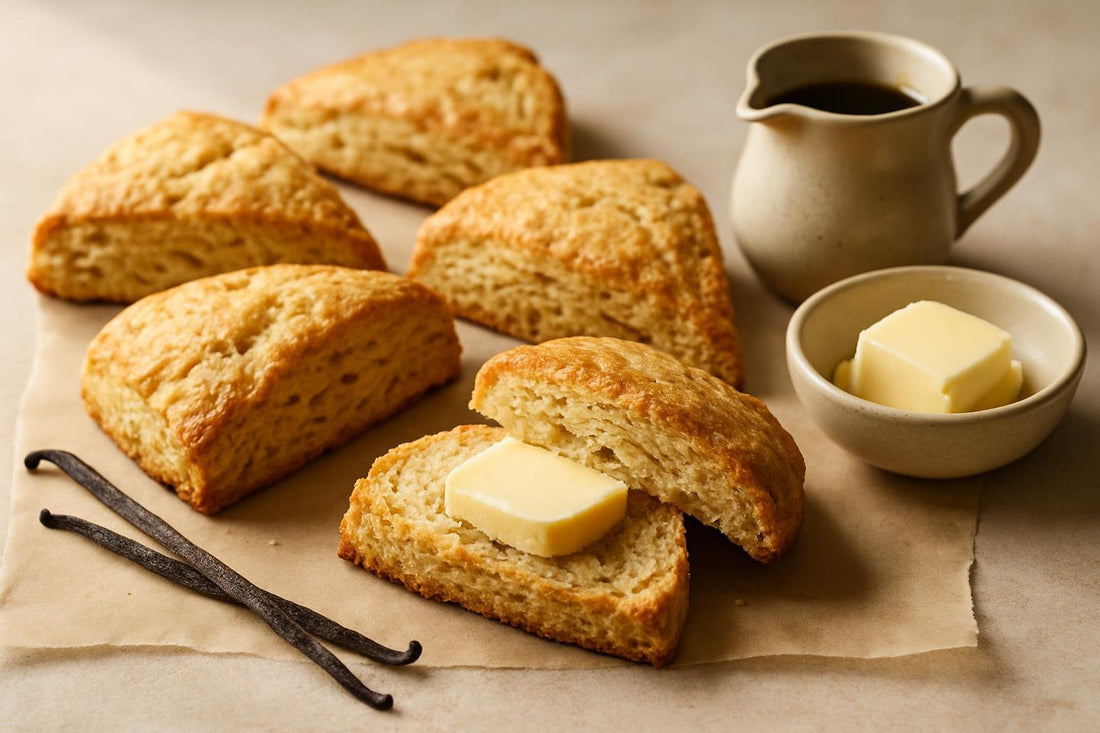 Vanilla Maple Cardamom Scones on parchment