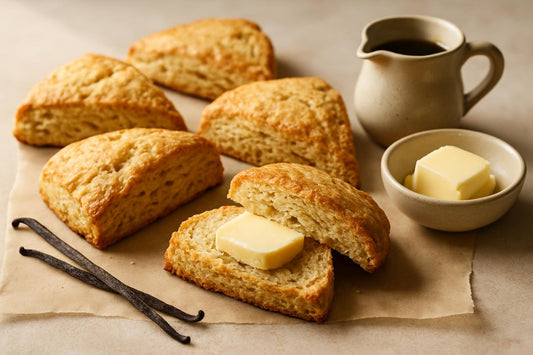 Vanilla Maple Cardamom Scones on parchment