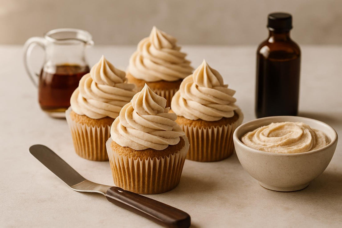 Cupcakes piped with vanilla maple cinnamon buttercream
