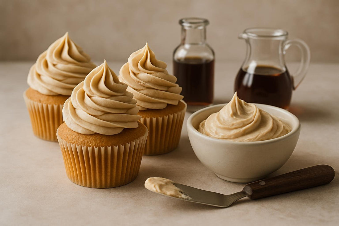Cupcakes piped with vanilla maple espresso buttercream