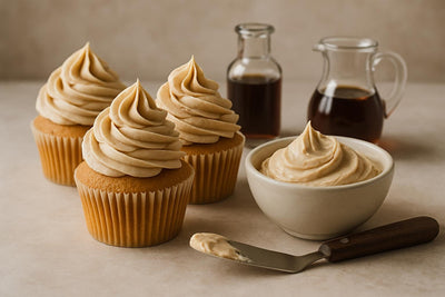 Cupcakes piped with vanilla maple espresso buttercream