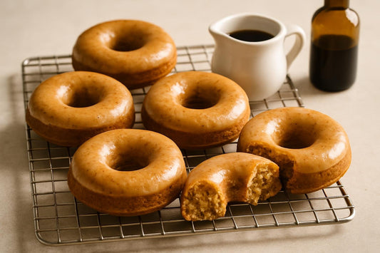 Vanilla Maple Espresso Cake Doughnuts on a cooling rack