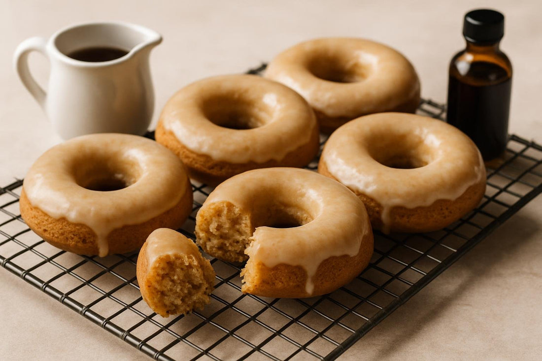 Vanilla Maple Ginger Cake Doughnuts on a cooling rack