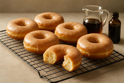 Vanilla Maple Yeast Doughnuts on a cooling rack