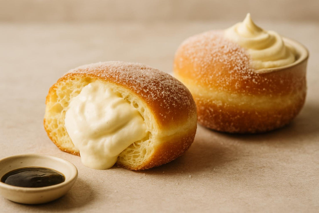 Filled doughnut cut open to show vanilla mascarpone cream