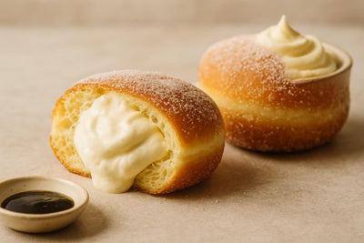 Filled doughnut cut open to show vanilla mascarpone cream