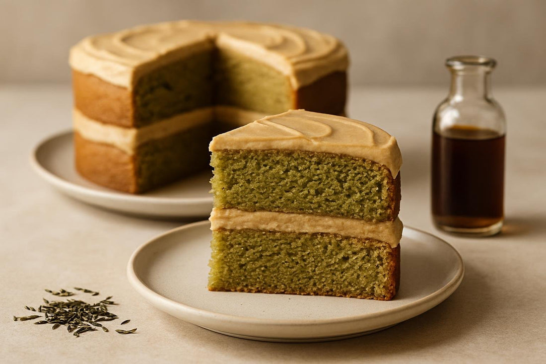 Slice of vanilla matcha brown sugar cake