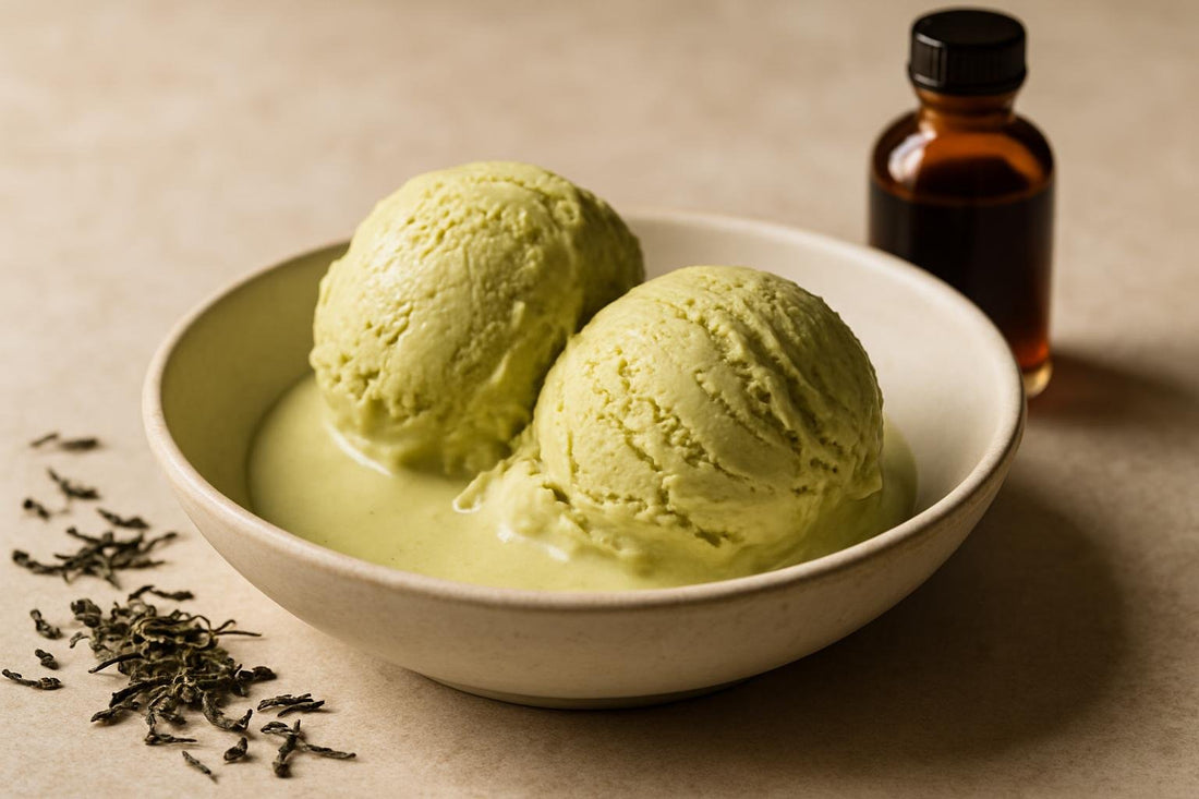 Scoops of vanilla matcha custard ice cream in a ceramic bowl