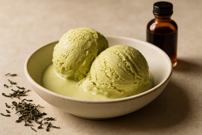 Scoops of vanilla matcha custard ice cream in a ceramic bowl