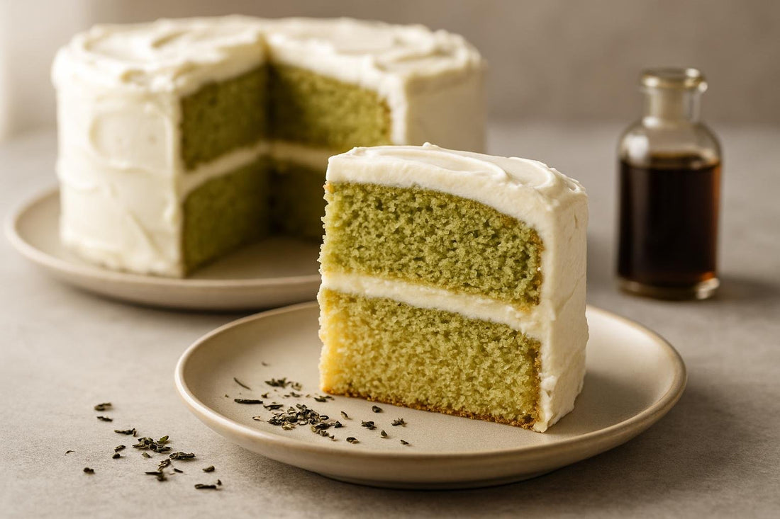 Slice of vanilla matcha lemon cake