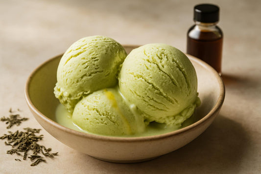 Scoops of vanilla matcha lemon custard ice cream in a ceramic bowl