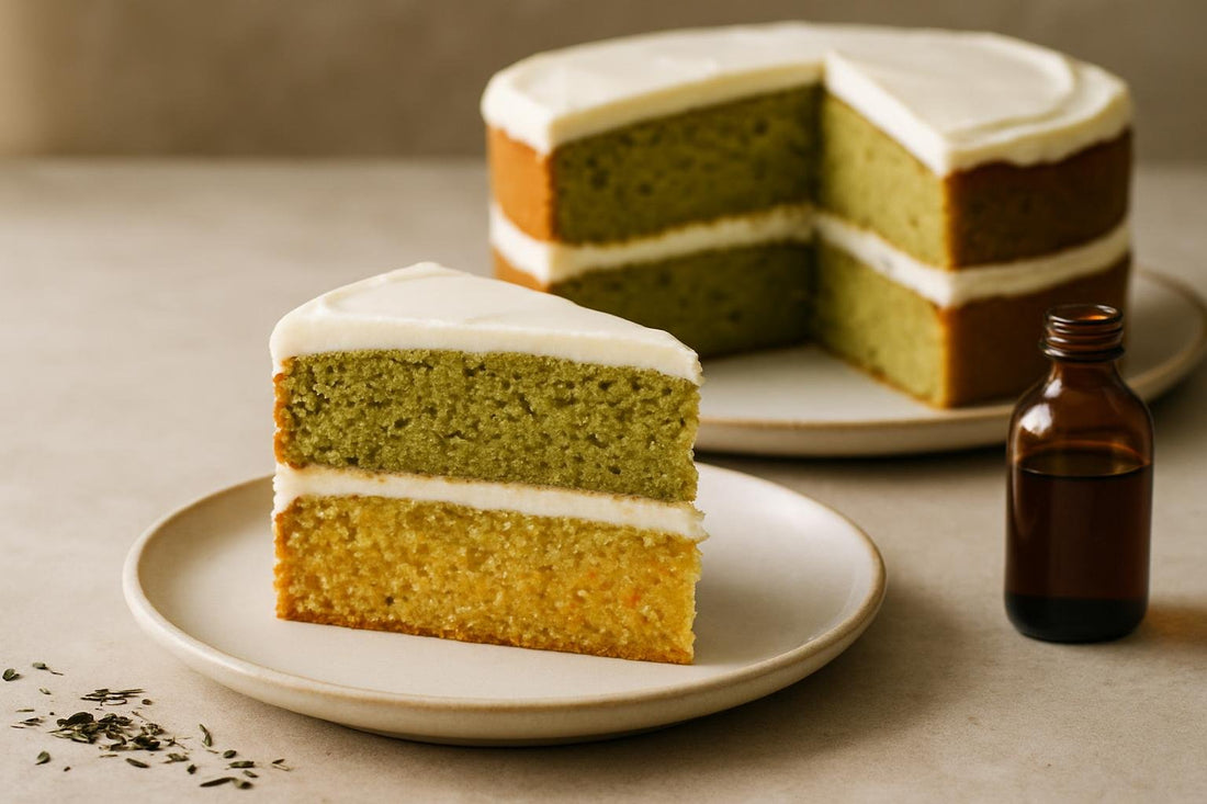 Slice of vanilla matcha orange cake