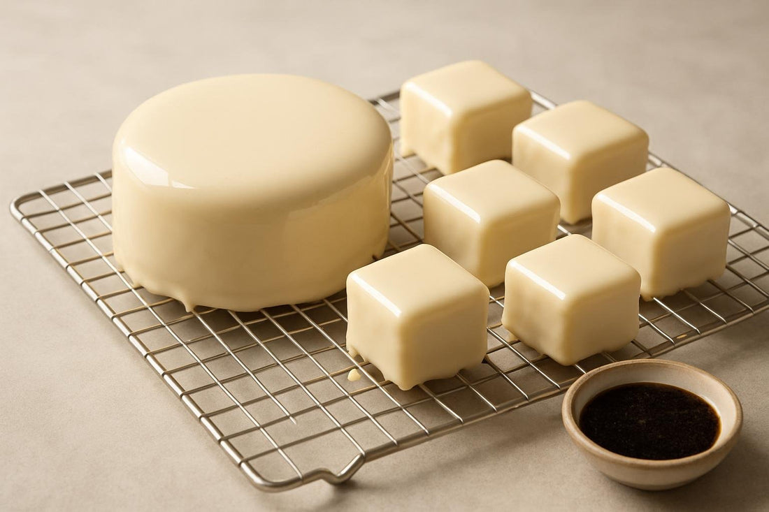 Cake coated in glossy vanilla mirror icing