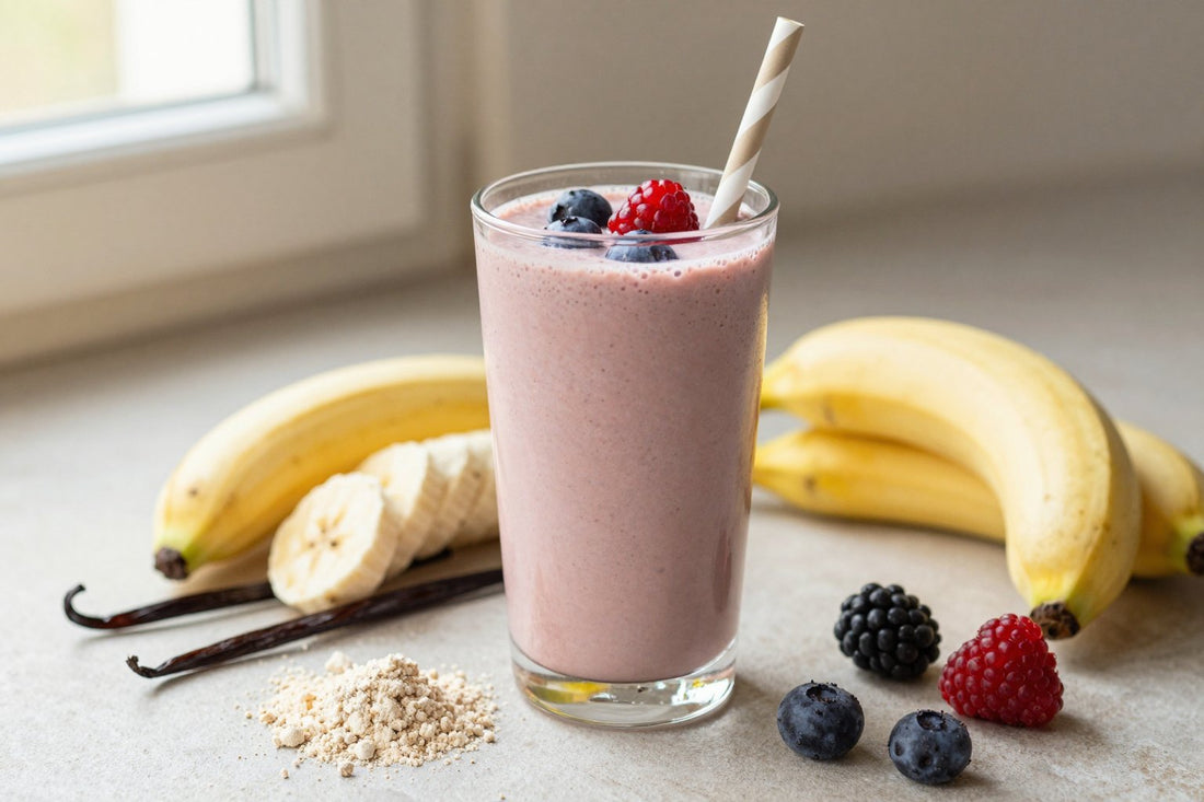 Vanilla Mixed Berry Protein Smoothie in a glass