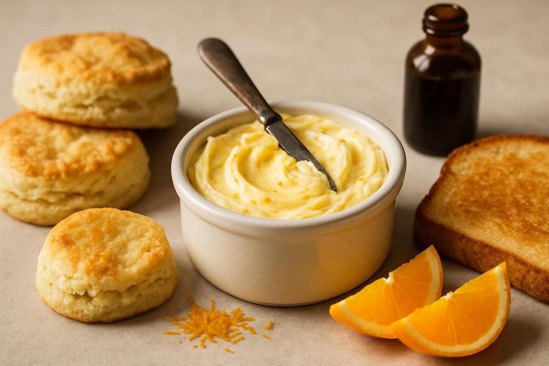 Vanilla Orange Butter Spread in a crock with warm biscuits