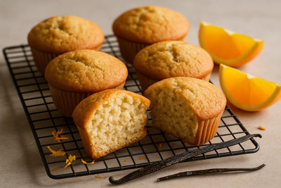 Vanilla Orange Cardamom Muffins on a cooling rack