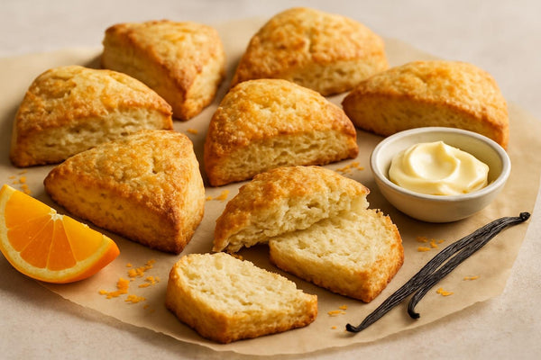 Vanilla Orange Cardamom Scones on parchment