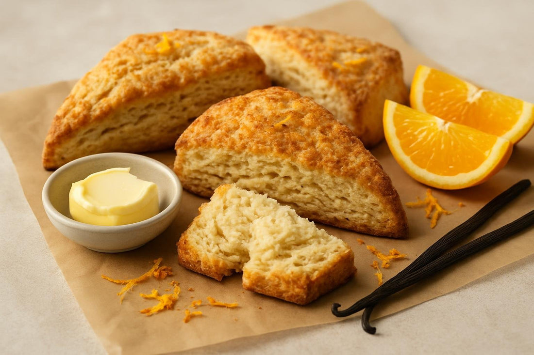 Vanilla Orange Cinnamon Scones on parchment