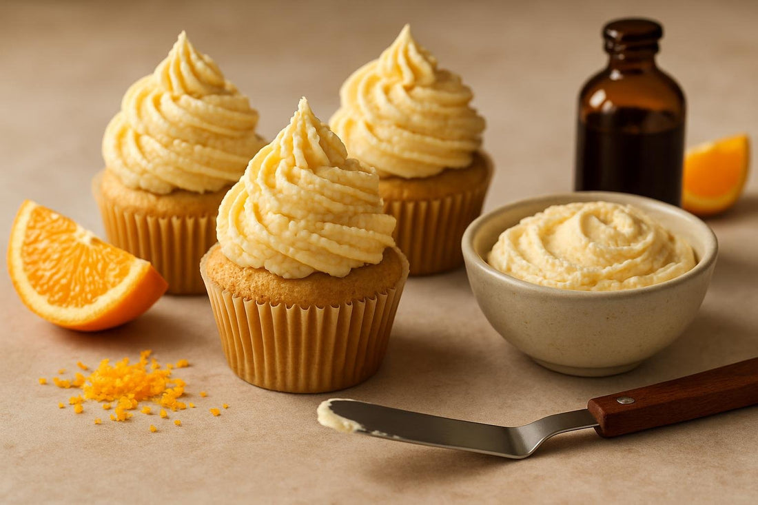 Cupcakes piped with vanilla orange ginger buttercream