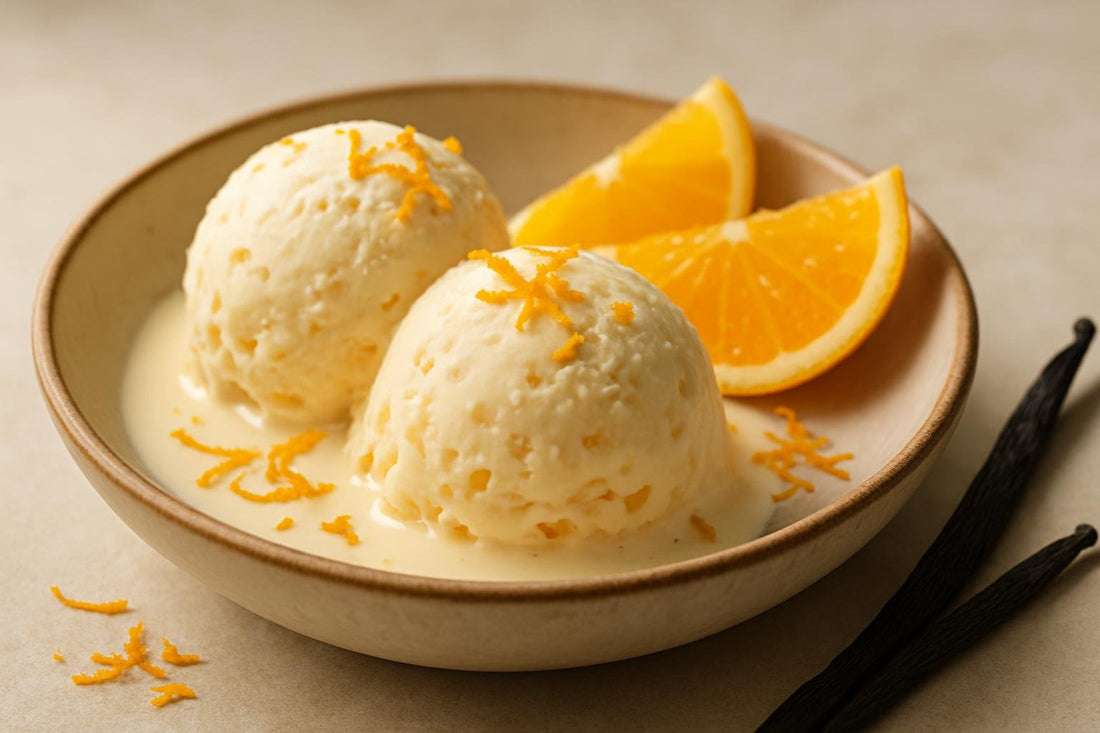 Scoops of vanilla orange ginger custard ice cream in a ceramic bowl