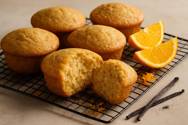 Vanilla Orange Ginger Muffins on a cooling rack