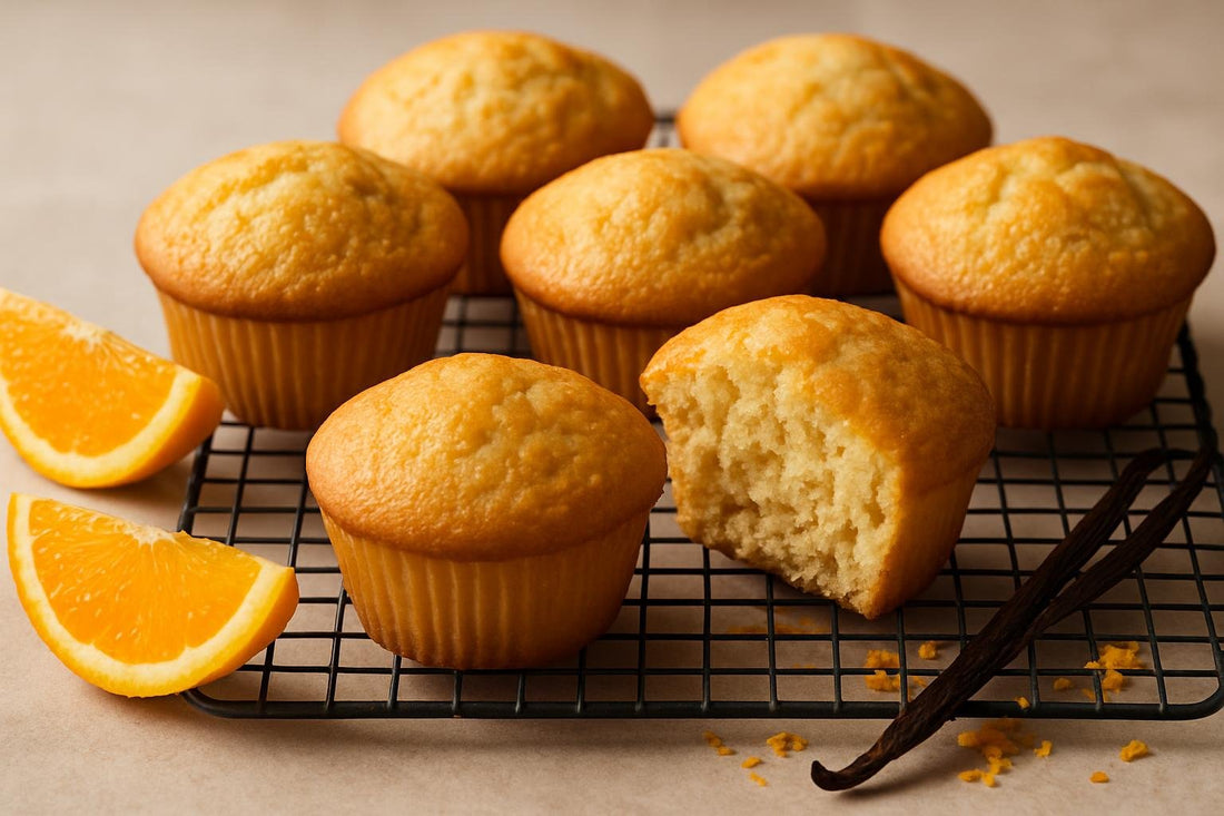 Vanilla Orange Muffins on a cooling rack