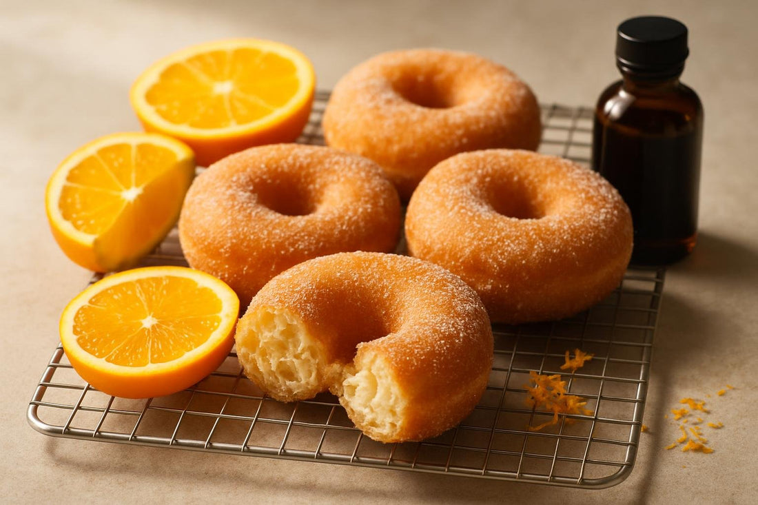 Vanilla Orange Yeast Doughnuts on a cooling rack