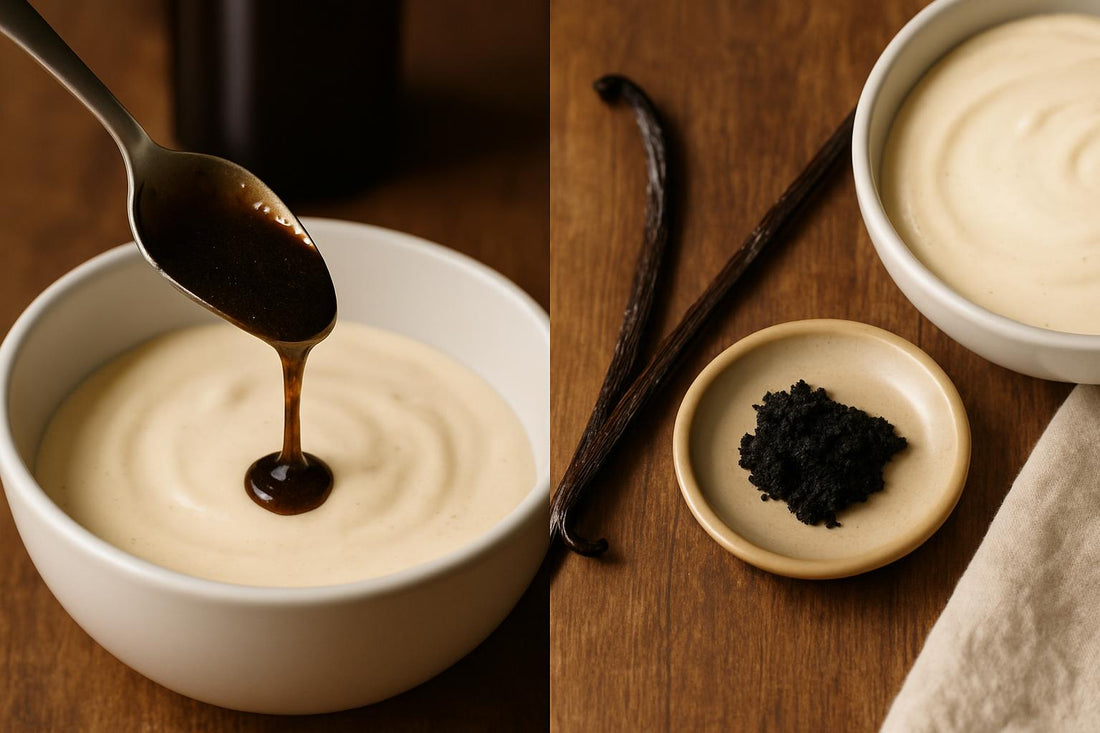 Vanilla paste and whole vanilla bean side by side for ice cream making comparison
