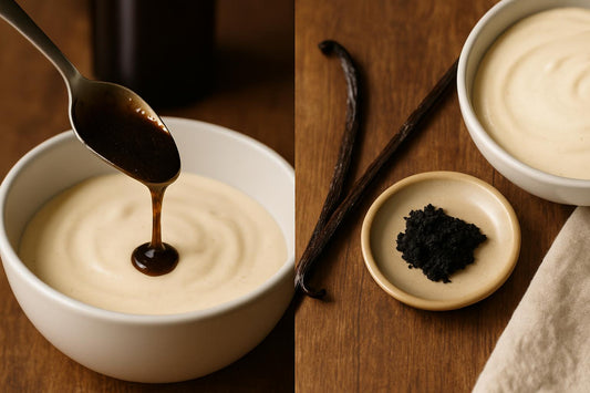 Vanilla paste and whole vanilla bean side by side for ice cream making comparison