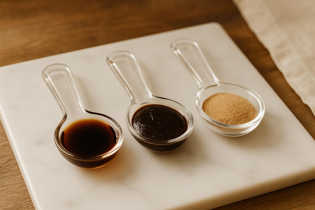 Three glass measuring spoons on a white marble countertop, each containing a different vanilla form: one with dark brown