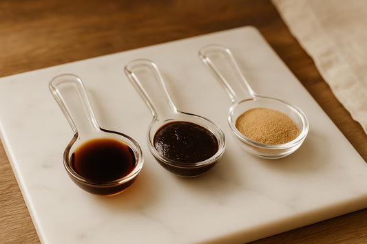 Three glass measuring spoons on a white marble countertop, each containing a different vanilla form: one with dark brown