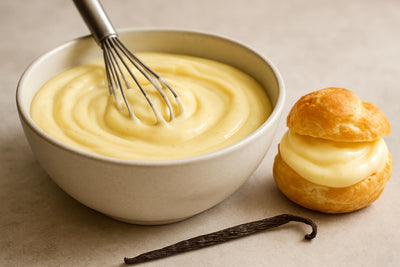 Bowl of vanilla pastry cream with a whisk
