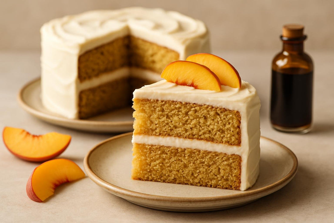 Slice of vanilla peach brown sugar cake