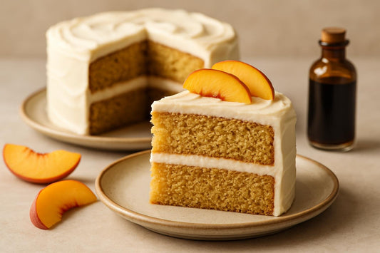 Slice of vanilla peach brown sugar cake