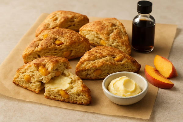 Vanilla Peach Cinnamon Scones on parchment