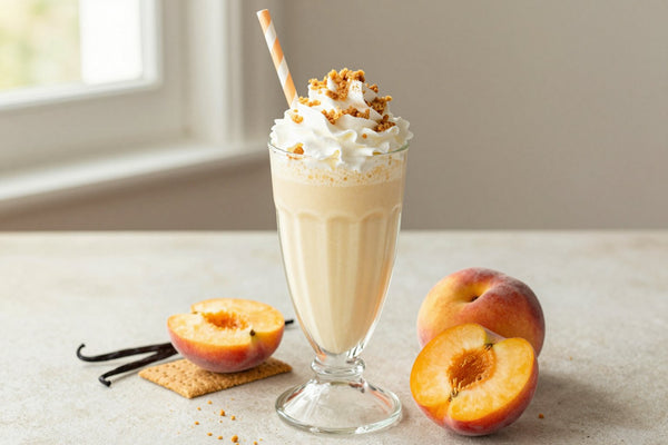 Vanilla Peach Cobbler Milkshake in a glass