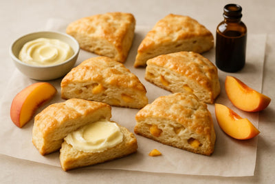 Vanilla Peach Cream Scones on parchment