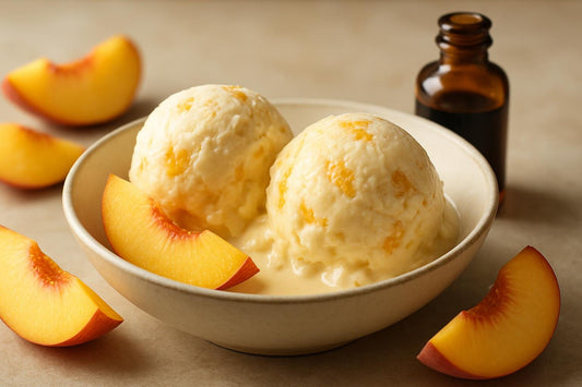 Scoops of vanilla peach custard ice cream in a ceramic bowl